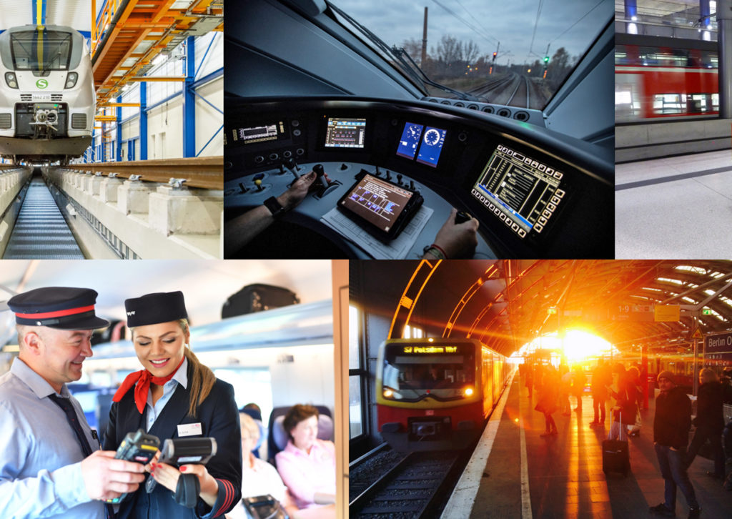 Collage mit Szenen aus dem Personenverkehr der Deutschen Bahn