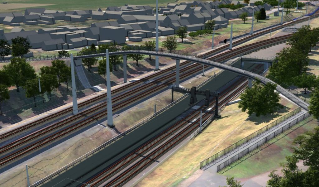 Modell einer Strecke mit Fußgängerbrücke und Tunnel