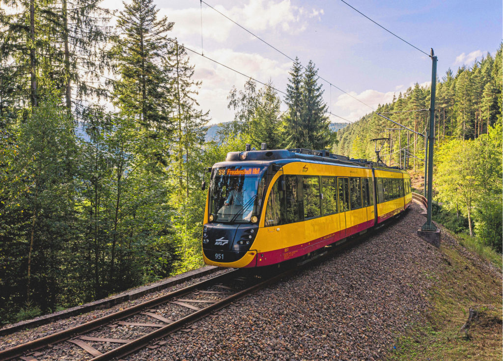 gelber Zug auf freier Waldstrecke - S4 Freudenstadt