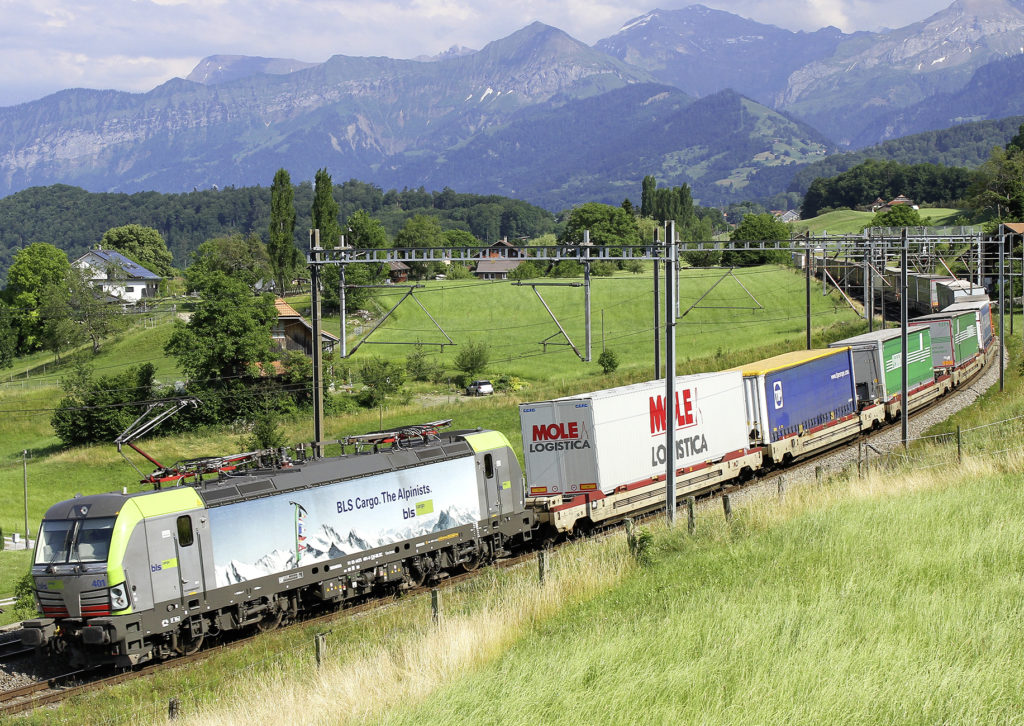 Güterzug mit Containern in grüner Landschaft