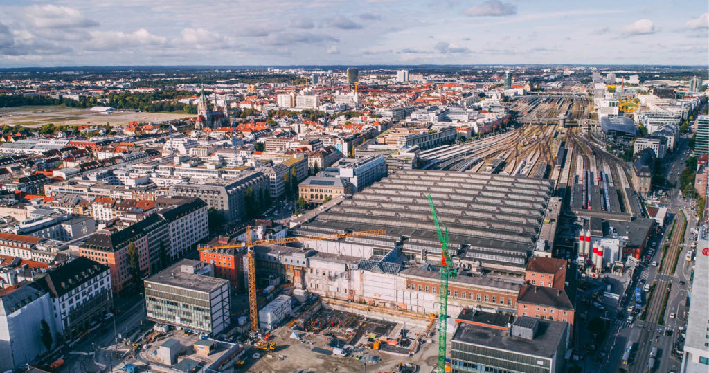 Luftaufnahme München mit Baustelle am Hauptbahnhof