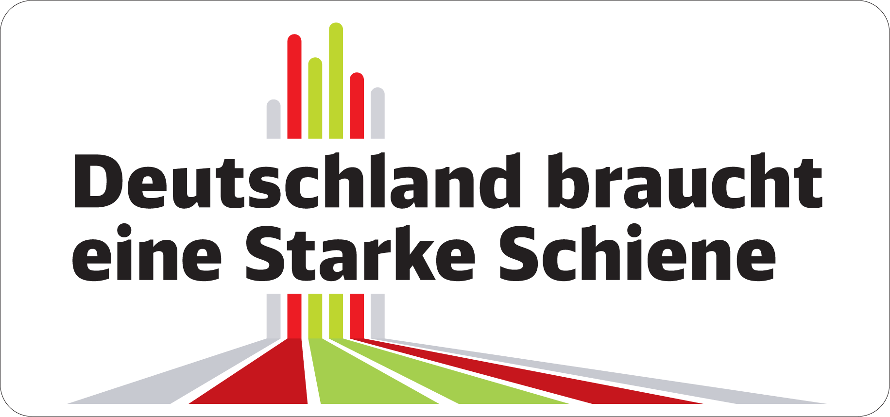 Farbige Linien führen stark vereinfacht als Gleise in einen Tunnel mit dem Schriftzug „Deutschland braucht eine starke Schiene“.