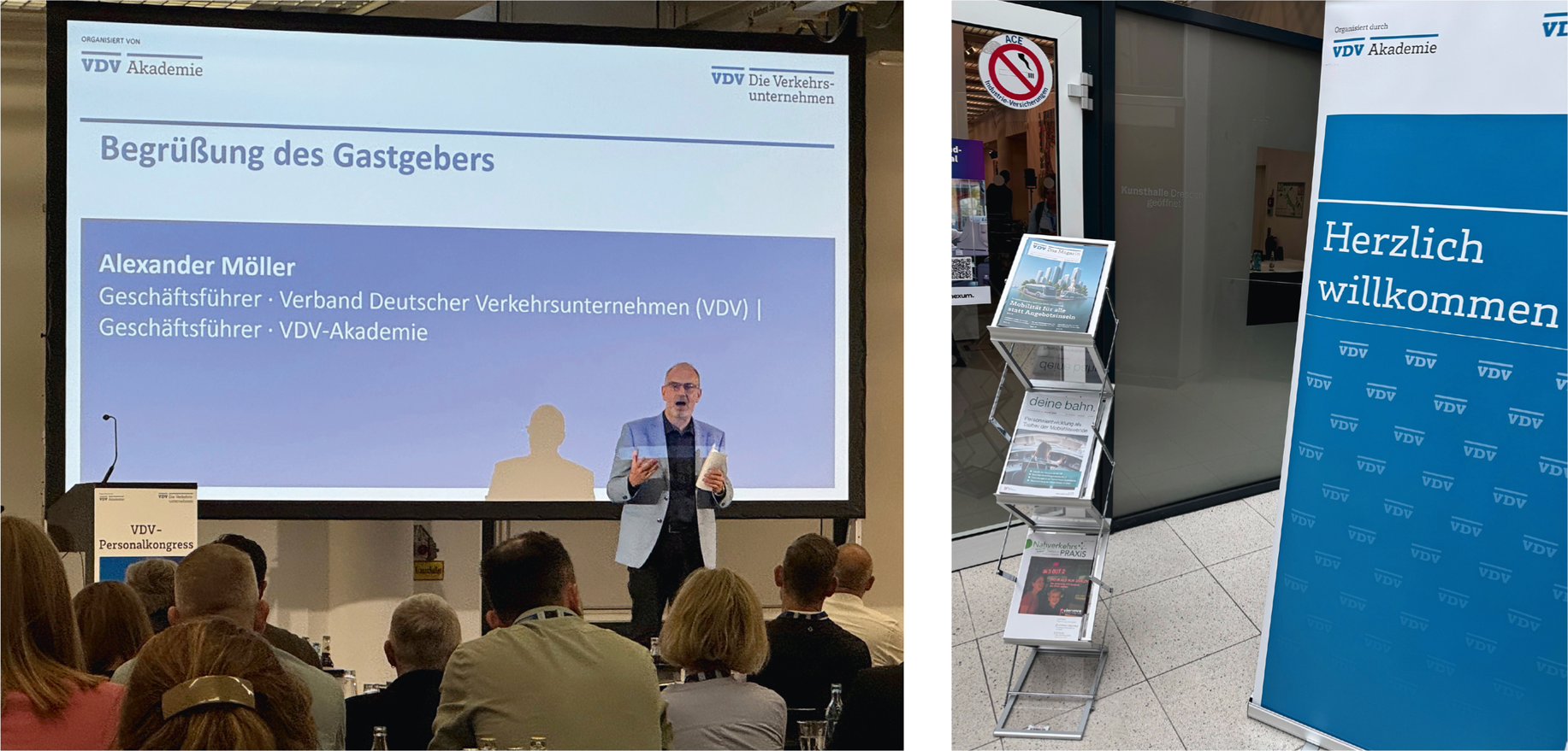 Links: Alexander Möller stellte das gemeinschaftliche Interesse am Öffentlichen Verkehr heraus. Rechts: Der Bahn Fachverlag war als Medienpartner auf dem Kongress präsent