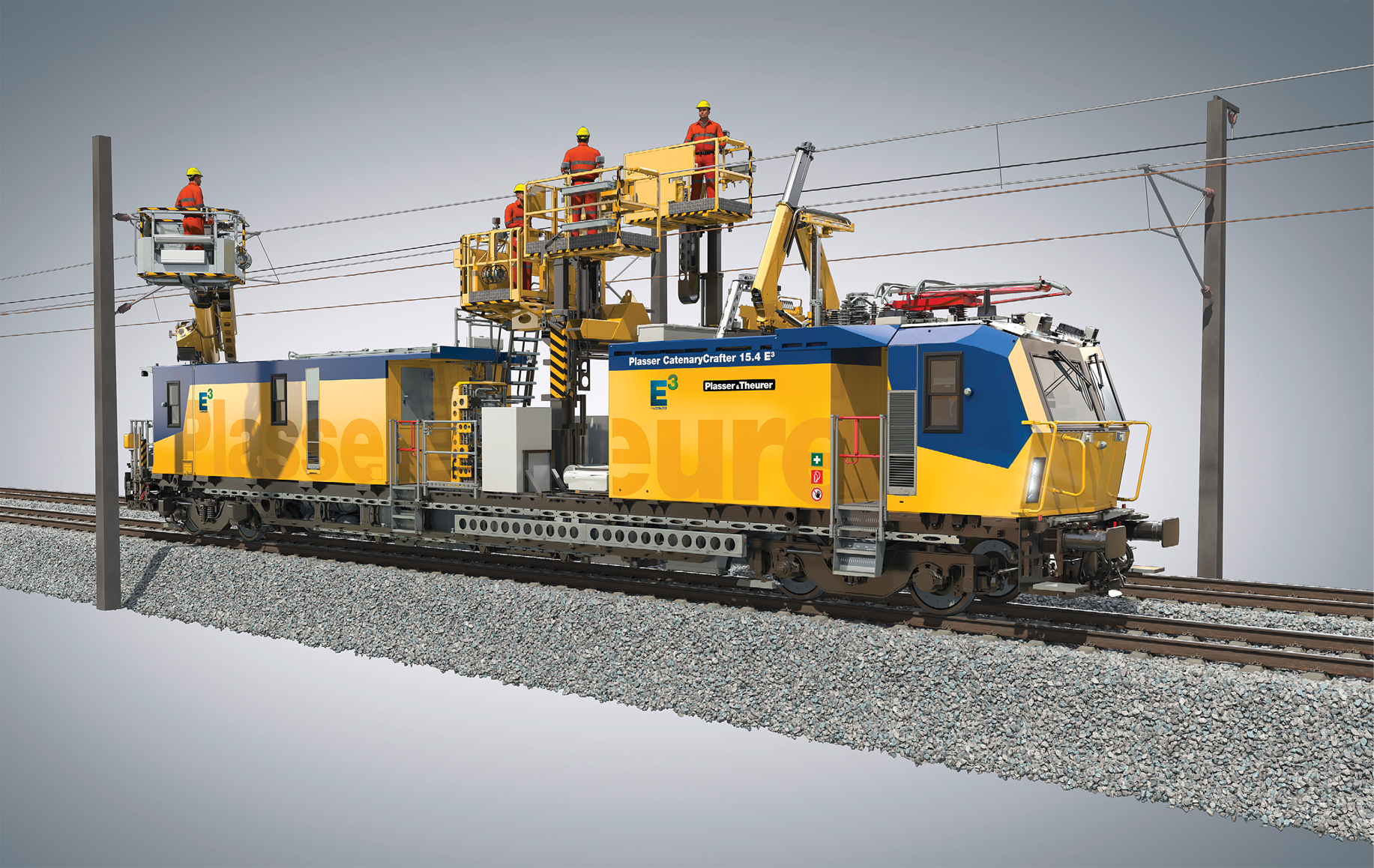 Plasser CatenaryCrafter 15.4 E³, ausgestattet mit Eisenbahnkran und dreiteiliger Hubarbeitsbühne